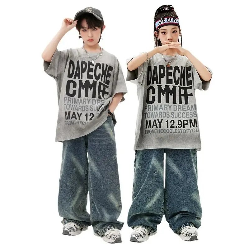 Girls Boys Hip Hop Ballroom Dancing Costumes 4 Kids Gray T Shirt Blue Denim Jeans Pants Jazz Dance Outfits Child Stage Dancewear