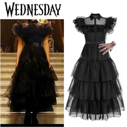 Wednesday Addam Costums for Girls New Birthday Vestidos Gothic Black Mesh Dress Wednesday Cosplay Black Dress for Girls 4-12 Yrs