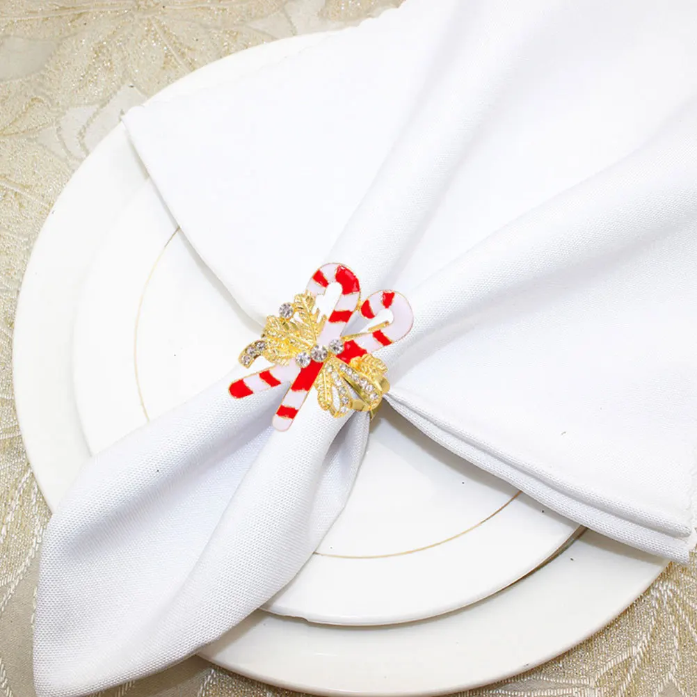 

4Pcs Candy Cane Napkin Rings Alloy Christmas Crystal Bowknot Holiday Dinner Table Wedding Serviette Buckles Gold Napkins Rings
