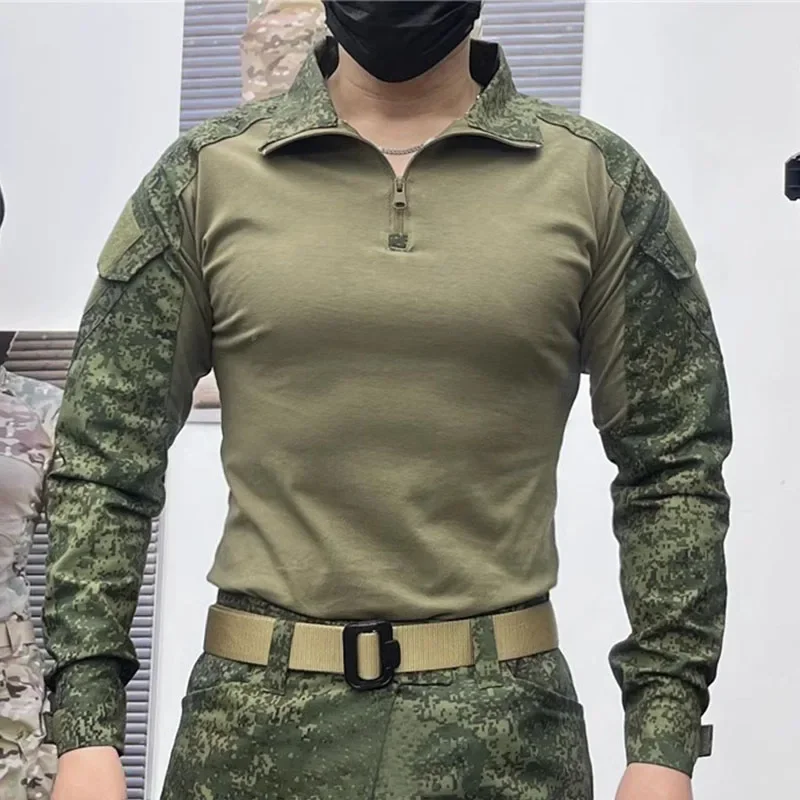 Mens Tactical T-shirt Camouflage Patchwork Outdoor Quick Drying Training Tops Half Zip Stand Collar Waterproof Hunting Pullover