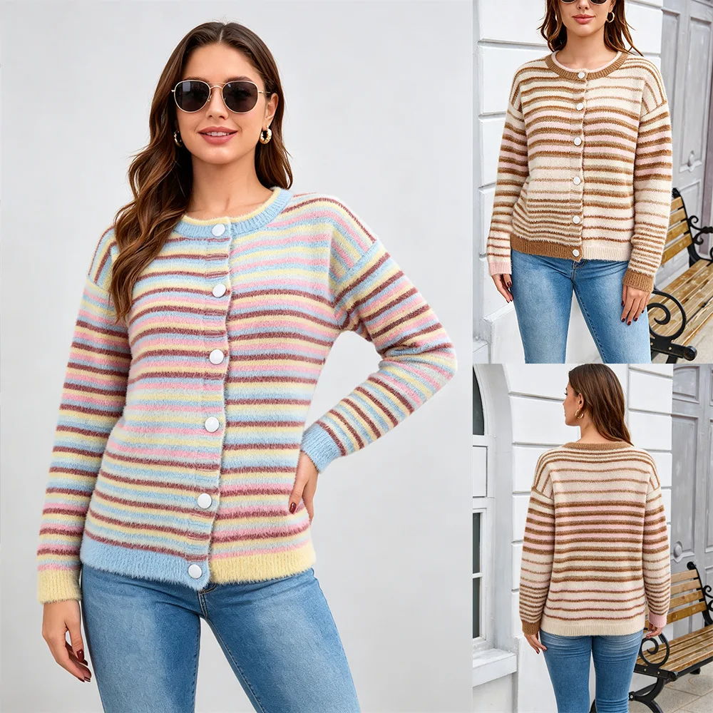 MsChuh Women's Sweaters And Pullovers Striped Fuzzy Knit Cardigan Crew Neck Long Sleeve Ropa Mujer Casual Autumn Daily Outfit