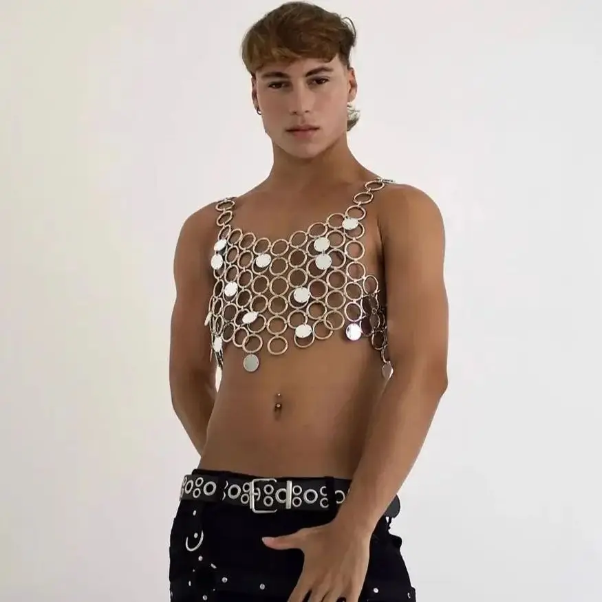 

New European & American Style Versatile Men's Tank Top Sexy Sequined Strapless Top With Metal Ring Patchwork