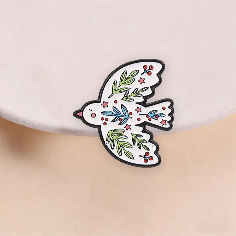 Floral Peace Dove Enamel Pin, Hand Drawn Folk Art Brooch with Berry Star Motif for Vintage Style and Casual Wear