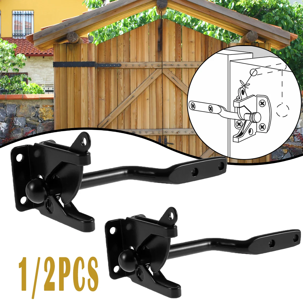1-2 PCS Self-Locking Gate Latch Carbon High Quality Steel Post Mounted Lever Locking Fence Gate Latch Catch Resistant Safe Lock