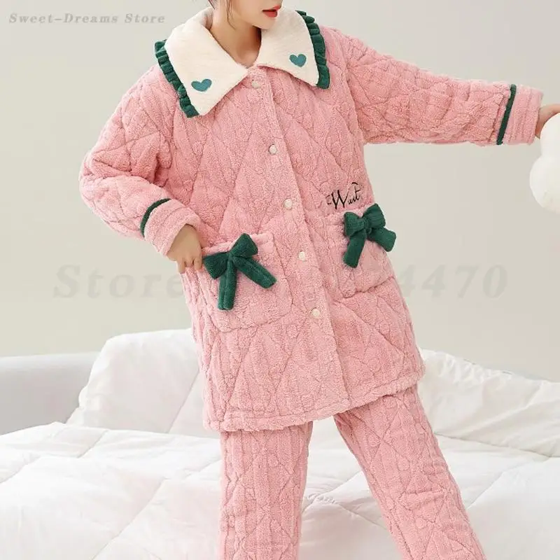 

Winter Thickened Flannel Pajamas Set Female Coral Fleece Sleepwear Loose Casual Home Wear Pijama Mujer Pink Sweet Nightwear