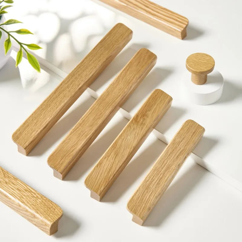 6pcs Long Bar Oak Walnut Cabinet Handle 7-Shaped Solid Wood Pulls Round Single Hole Knob Kitchen Bedroom Furniture Handles