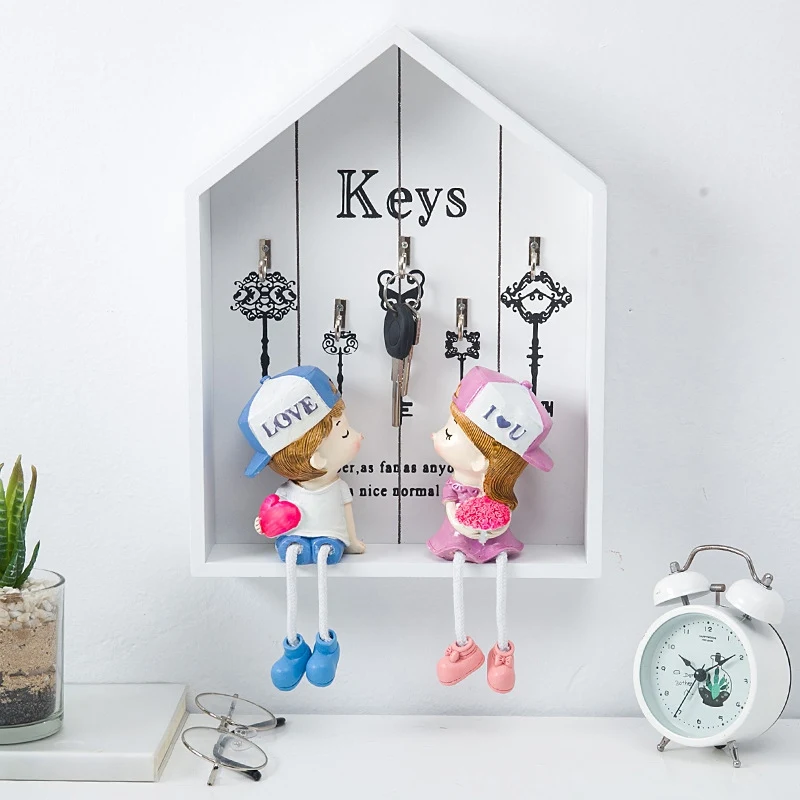 Wood House Shape Key Hook Holder Wall Hanging Rack Organizer Home Decor Entrance Wall Key Hanger Jewelry Display Holder Box