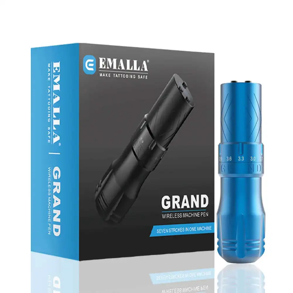 EMALLA GRAND Blue Wireless Tattoo Pen Machine Adjustable 7 Strokes Brushless Motor 1800mAh Rechargeable Battery Tattoo Machine