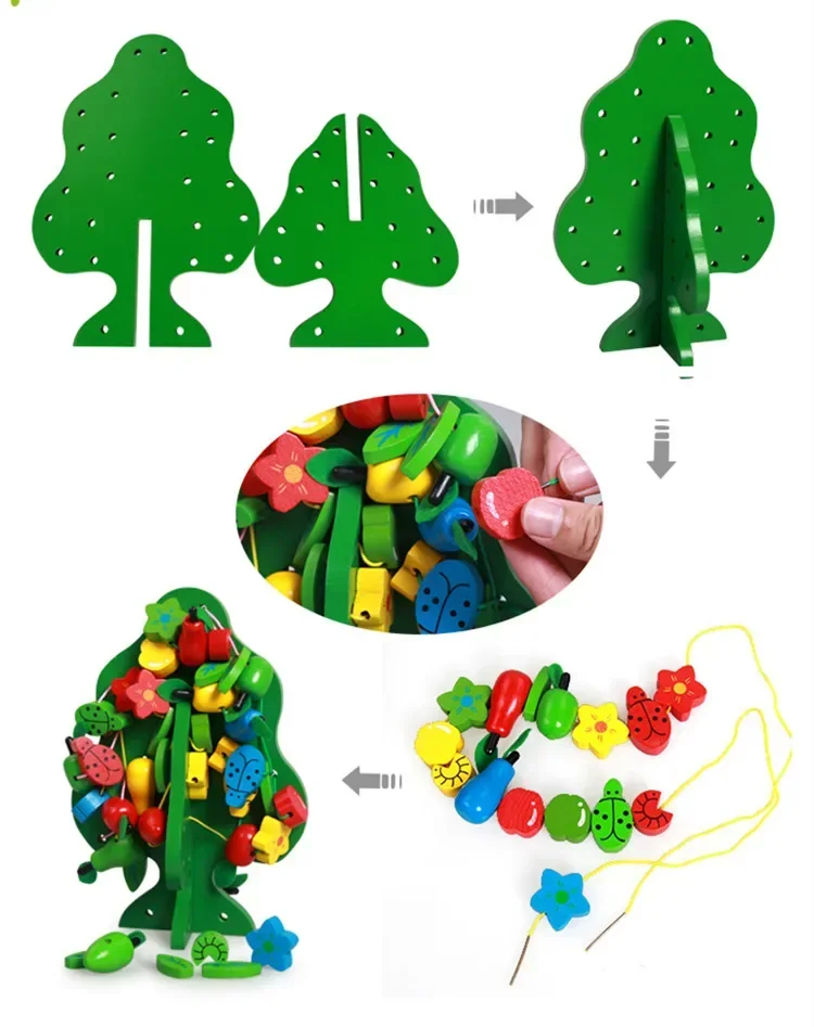 [Engraçado] árvore multifuncional colorida contas de madeira brinquedos educação árvore de natal de madeira brinquedos animais contas de frutas brinquedo montessori