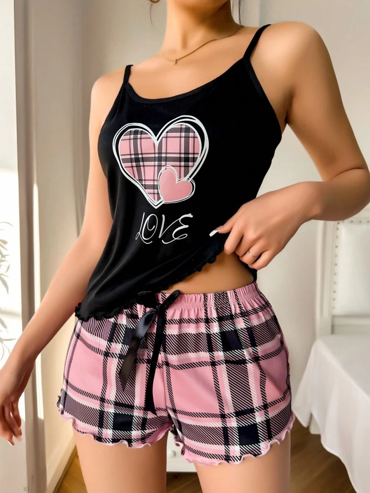 Casual Ladies' Heart Shaped Plaid Printed Cami Top And Shorts Pajama Set Nightclothes Luxury Home Clothe Loungewear Sleepwear