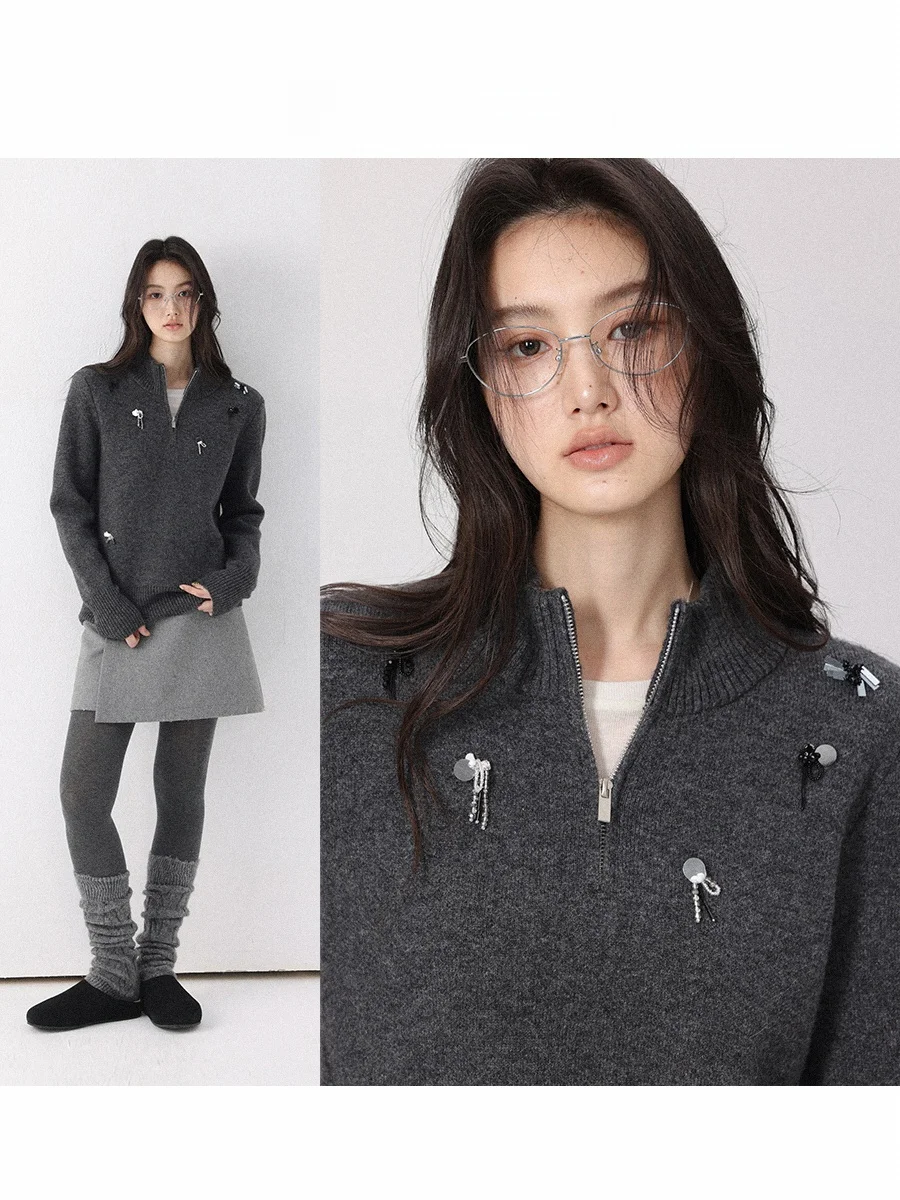 

CHACHASTU Премиум-класс: Теплый женский свитер ручной работы с бисером и цветочным узором, высокий воротник, новинка зимы, модный дизайн