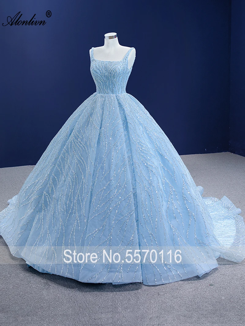 Alonlivn Brilliant Beaded Lace Ball Gown Suknie ślubne Eleganckie spódnice ślubne na ramiączkach Spaghetti