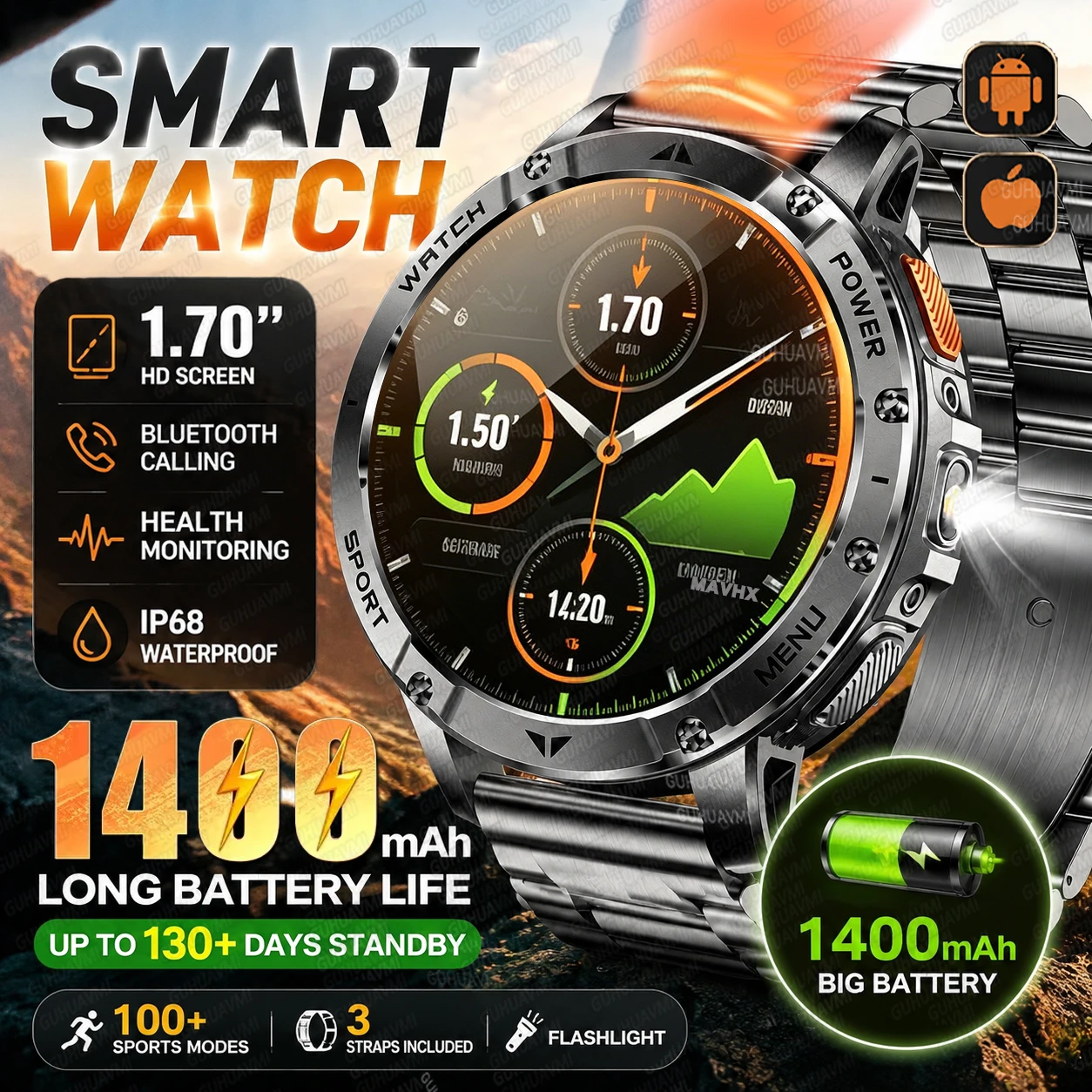 Новые смарт-часы 2026 года с AMOLED-экраном 2,01 дюйма, аккумулятором 1400 мАч, 130+ днями автономной работы, водонепроницаемостью до 100 метров, функциями SOS-вызова и фонарика