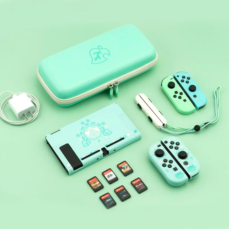 Yocore Storage Bag for Nintendo Switch, Animal Green Leaves Crossing Travel Hard Case Tempered Film Joystick Caps