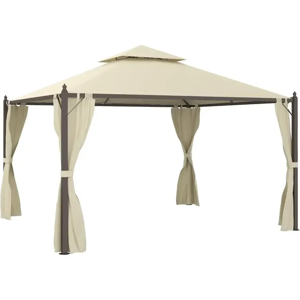 Large 10x12 Steel Patio Gazebo with Polyester Curtains and Two-Tier Roof
