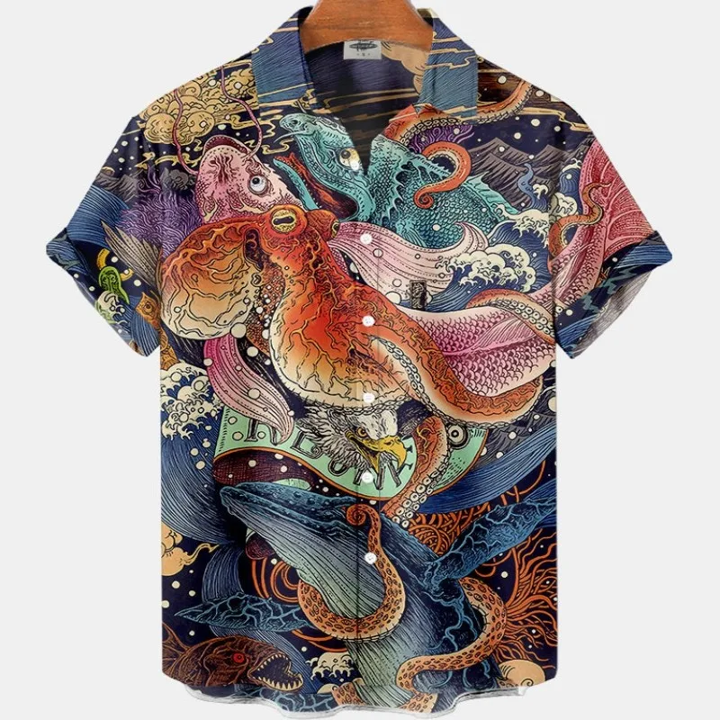 3D Men's Floral Casual Social Summer Hawaiian Short Sleeve Shirt Street Koi Carp Luxury Blouse Outdoor Clothes Top Fit Camisa