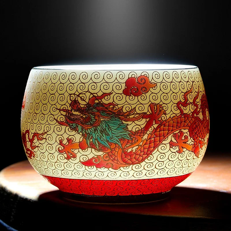 Cloisonné Enamel Master Ceramic Dragon and Phoenix Pair Tasting Kung Fu Set Large Gold-Plated Tea Cup Gift Box S