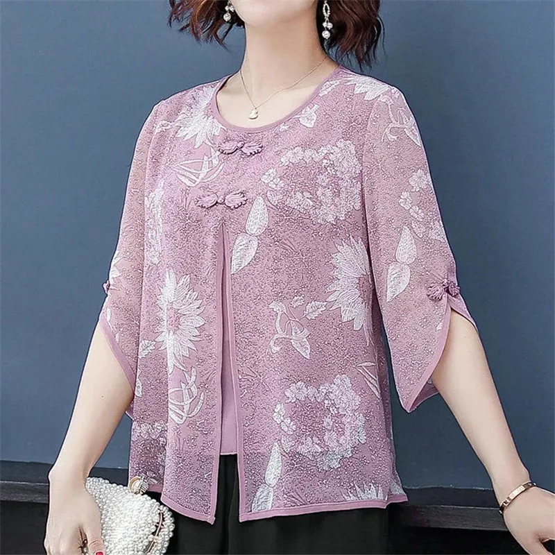 

Middle aged mother Summer Chiffon Short sleeved Shirt Fashion Loose Female O neck Printed Pullover Tops Casual Women's Blouses