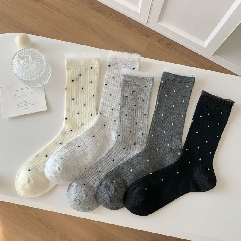 

Summer Women's Bamboo Fiber Socks Breathable Moisture Wicking Mid Crew Socks Dot Lace Trim Striped Design Thin Casual Socks