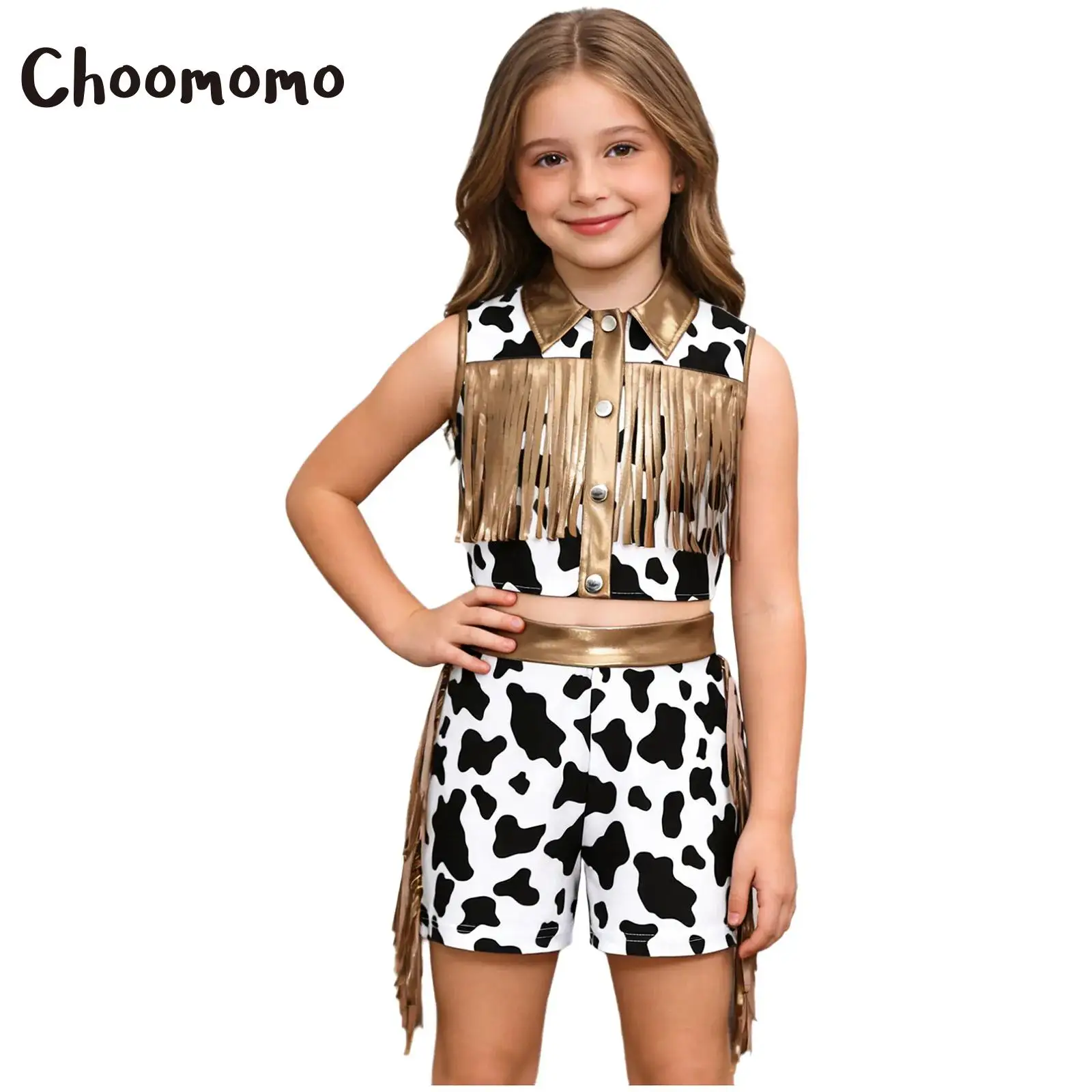 

Western Cowgirl Costumes Girls Print Metallic Sleeveless Fringed Vest Top with Side Tassel Shorts Set Halloween Cowboy Dress Up