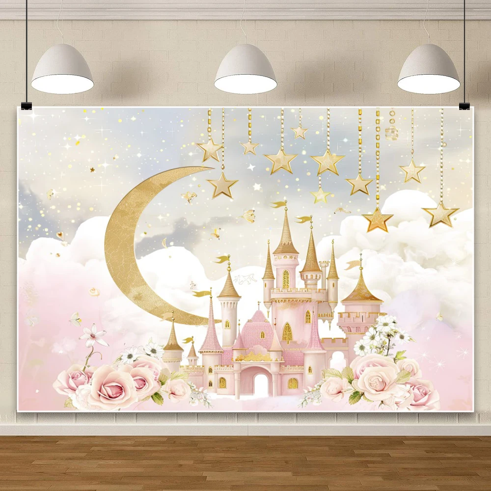 Sfondo di compleanno di palloncini di castello di unicorno Nuvole arcobaleno Principessa Baby Shower Ragazza 1° sfondo fotografico Puntelli per studio fotografico