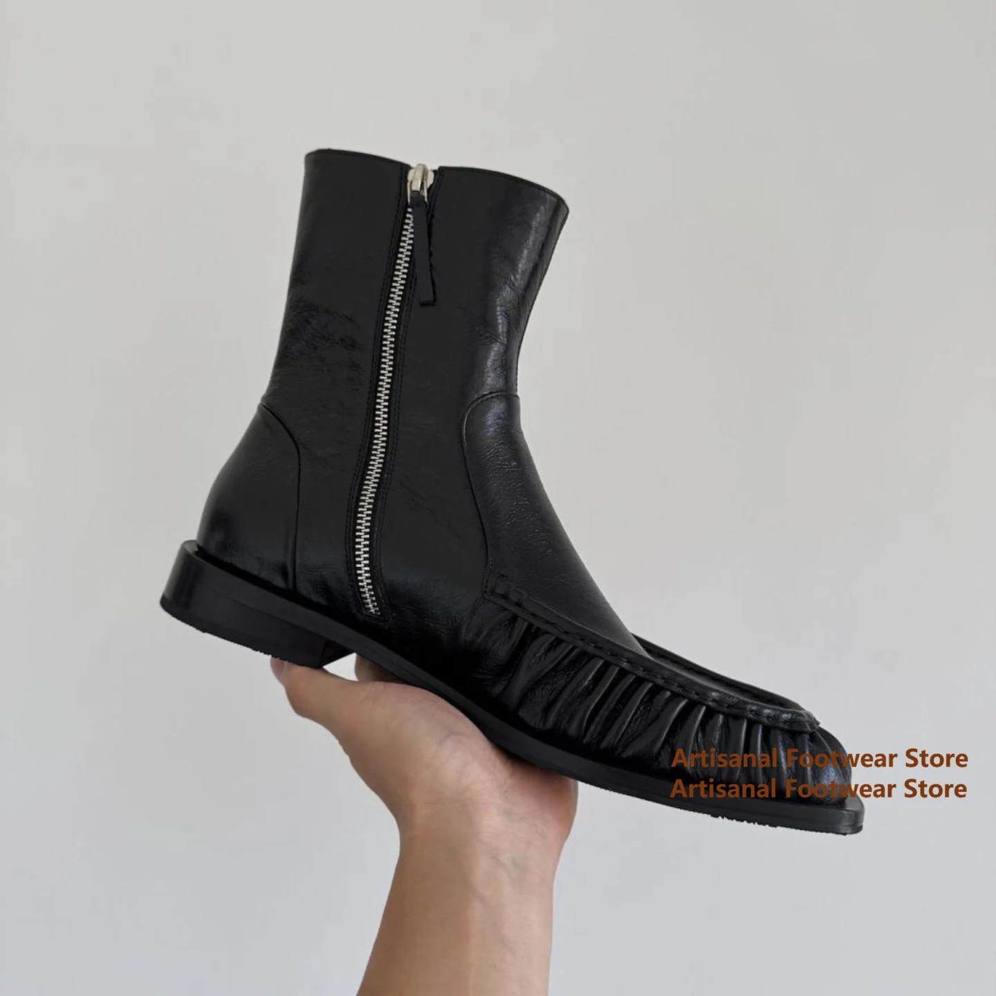 Square Toe Ruched Leather Ankle Boots black Leather Back Zipper Soft Wrinkle Leather Boots ﻿Trendy Luxury Handmade Men's Boots