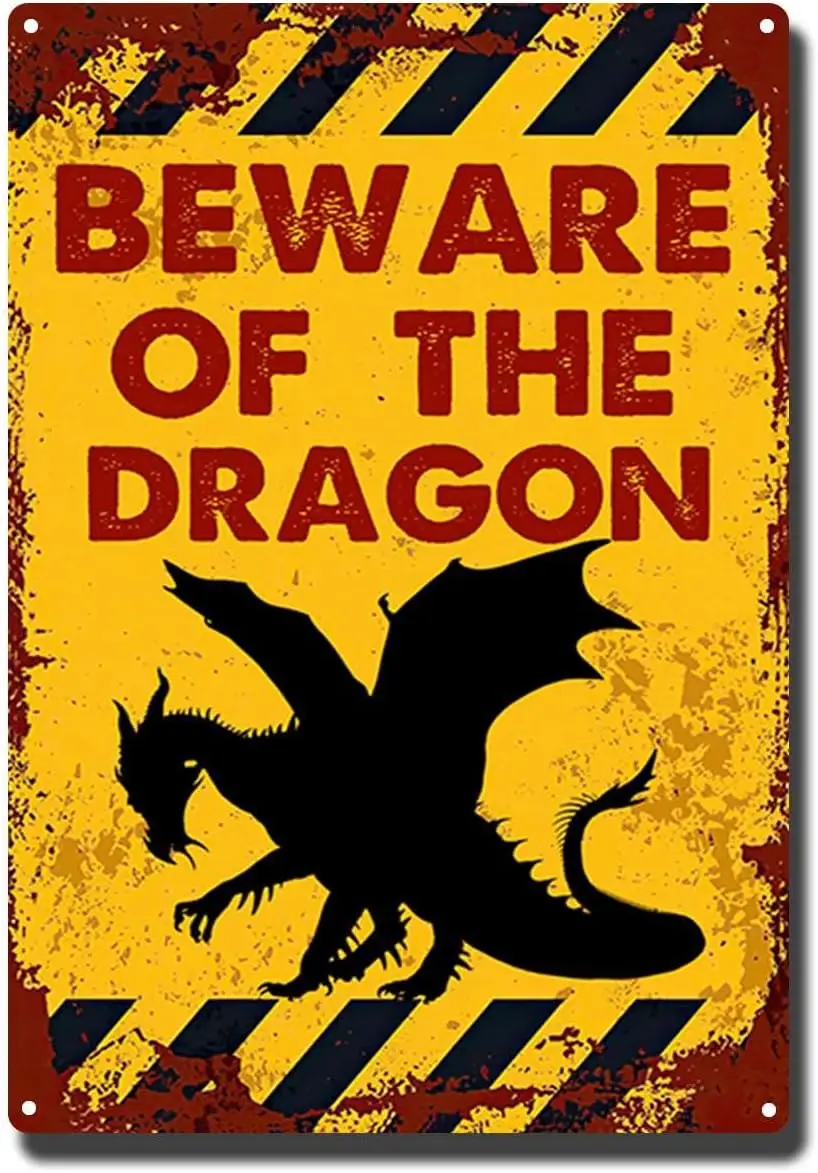 Vintage Beware of The Dragon Metall-Blechschilder, Retro-Warnblechschild, Wanddekoration für den Bauernhof zu Hause – Blechschild