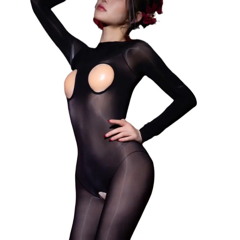 Чулки для тела с открытой промежностью, сексуальные боди 6D, тонкие колготки для секса, масляные блестящие колготки, открытый бюстгальтер, комбинезон, женское эротическое белье с обнаженной грудью