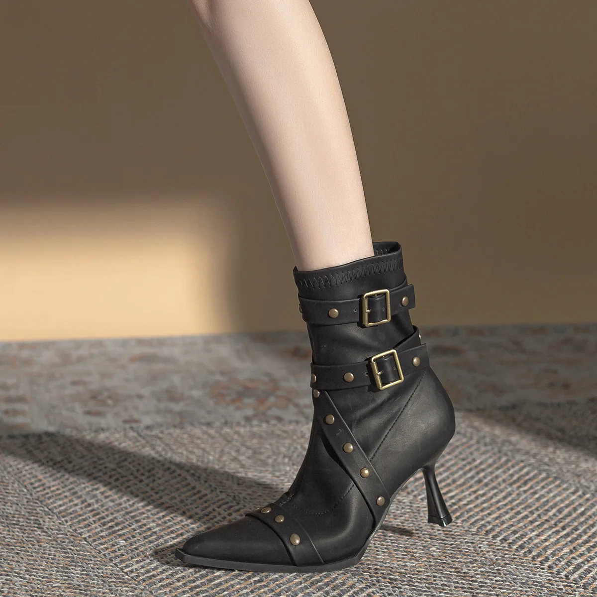 Ankle Boots Autumn Winter Fried Street Belt Buckle Riveted Square Head Shoes Cowboy High Spike Heels Mid-leg Boots For Women