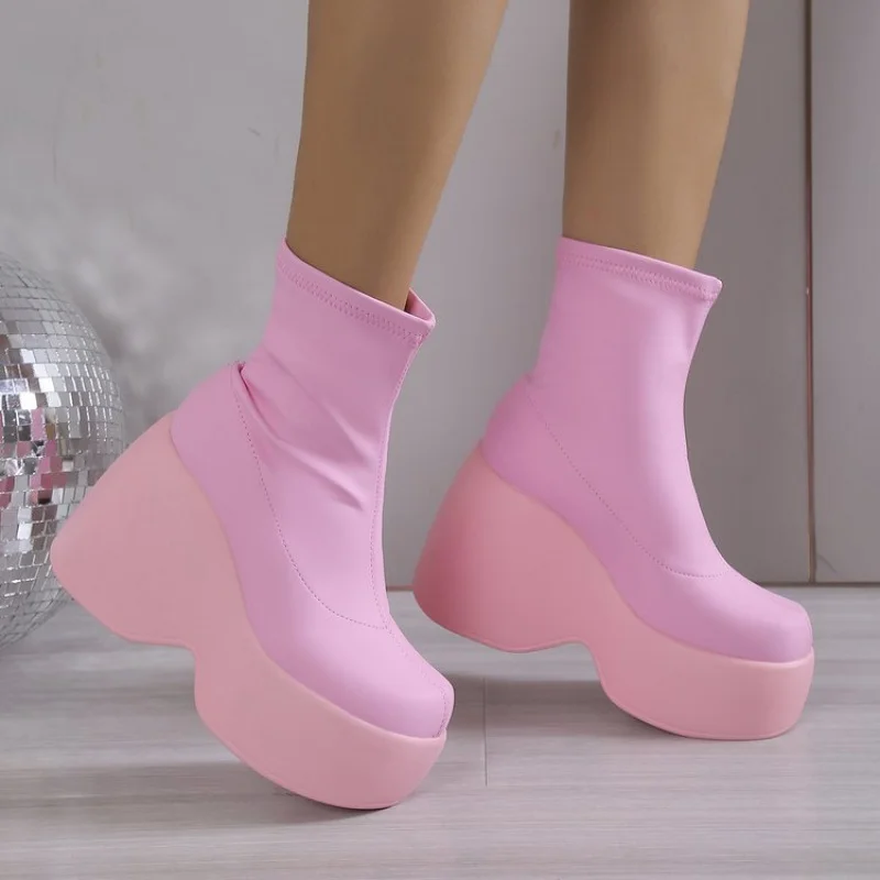 Black Stretch Leather Ultra High Heel Womens Long Boots Sexy Slim Punk Style Platform Motorcycle Booties Knee-High Female Shoes