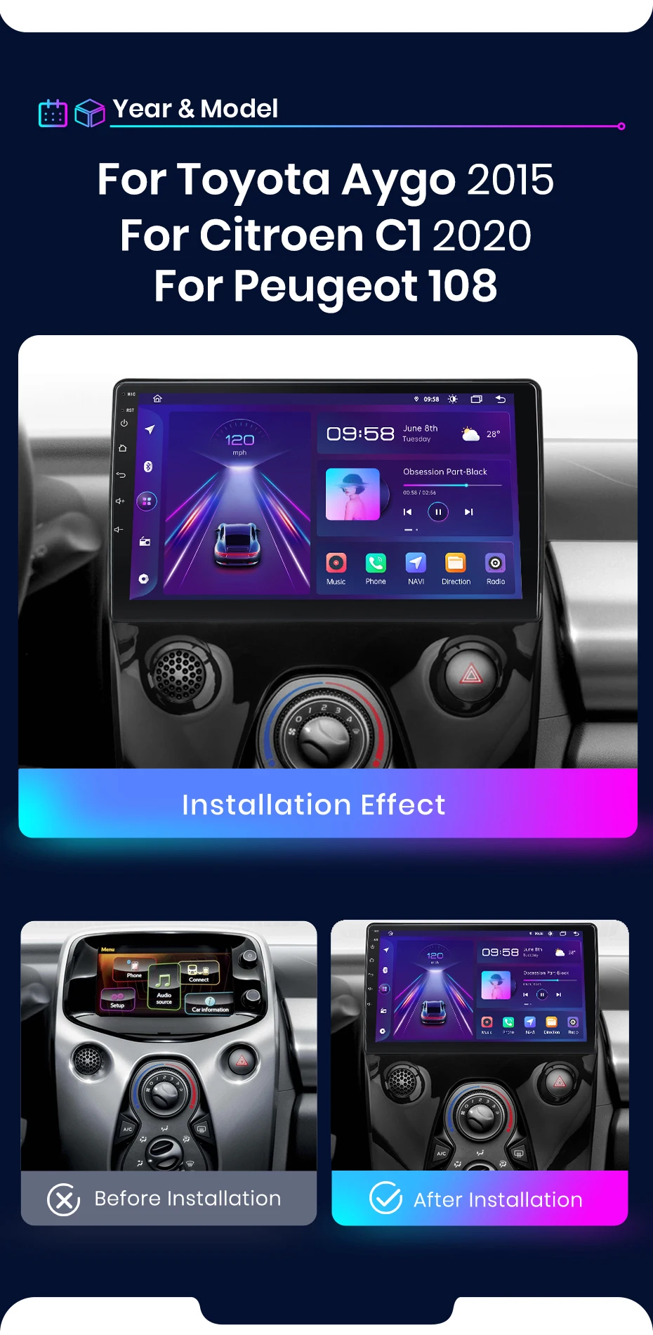 Junsun AI 4G LTE Drahtlose CarPlay Android Auto Auto Radio Für Toyota Aygo 2015 Citroen C1 2020 Peugeot 108 GPS Navi BT DSP RDS FM – Detail 4