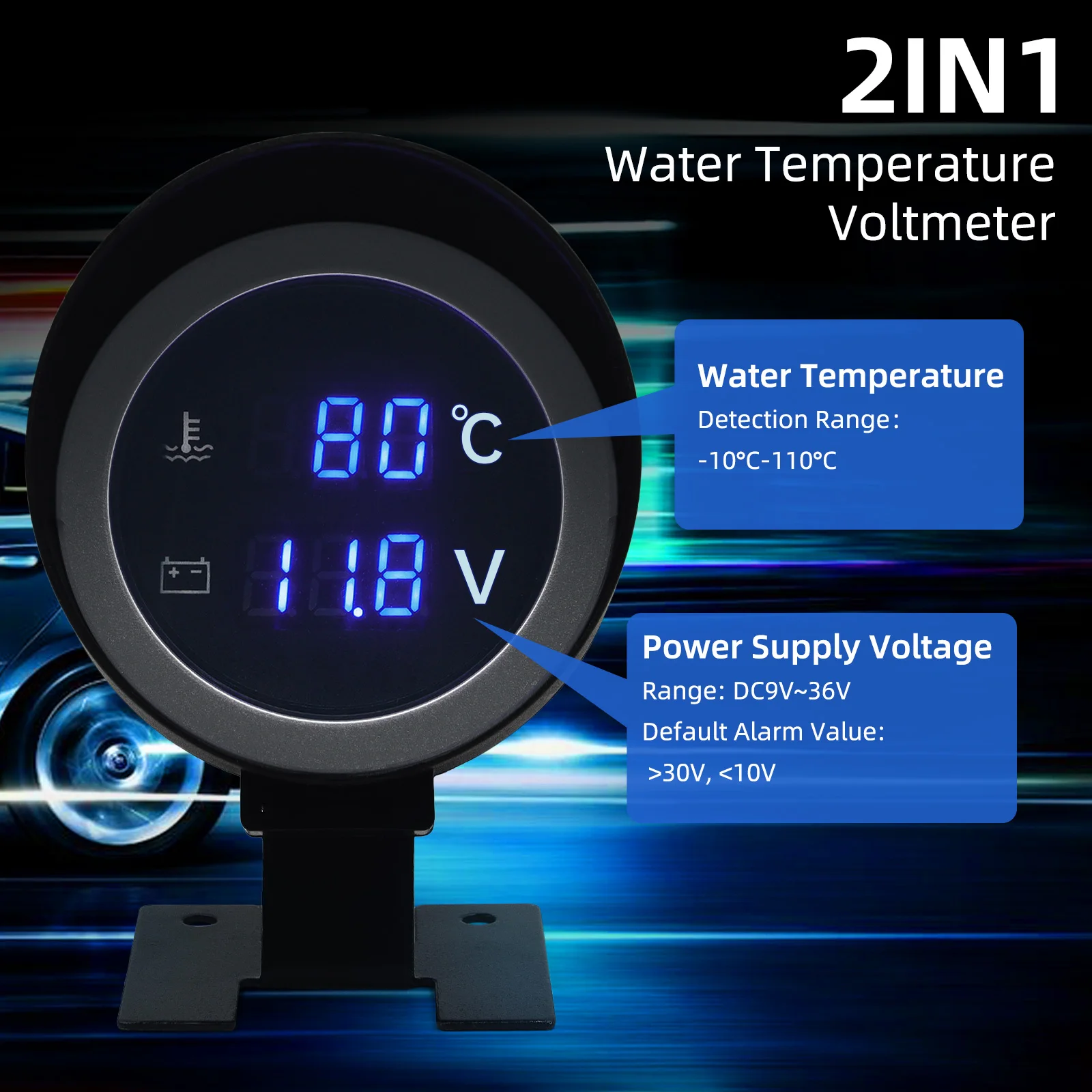 Round Led Digital Car Truck Water Temp Gauge Temperature Sensor Temperature Meter + Voltmeter with Alarm 2 in 1 Gauge 12V 24V