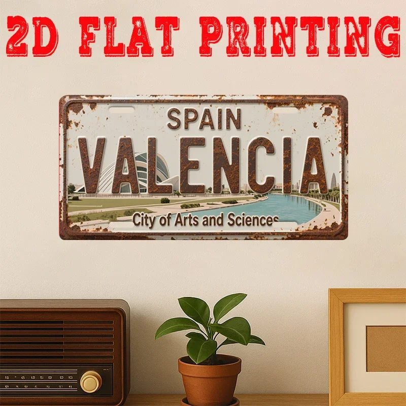 Spain Valencia City of Arts and Sciences 2D Flat Printing License Plate Style Metal Tin Sign, Modern Spanish Cityscape Themed