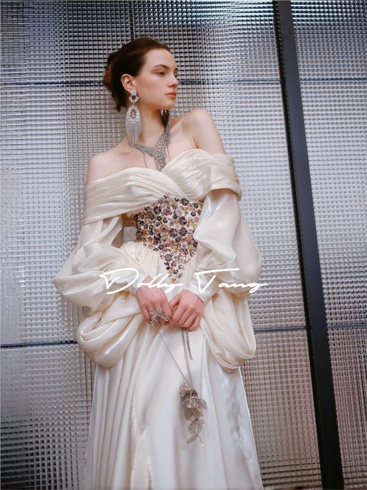 

Luxurious beaded waistband satin drape strapless dress