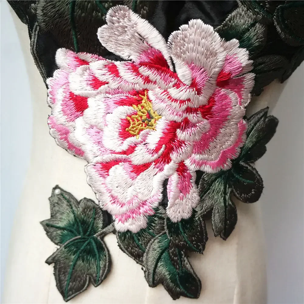 Embroidered 3D Peony Flowers Leaves Sew Patches Trimmings Applique For Wedding Dress DIY Decoration Craft