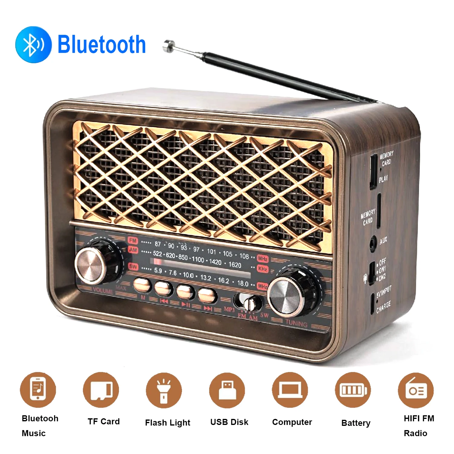 ﻿ Classic Retro Full Band Radio Portable FM AM SW Radios Receiver LED Flashlight Bluetooth Speaker Support TF USB MP3 Player