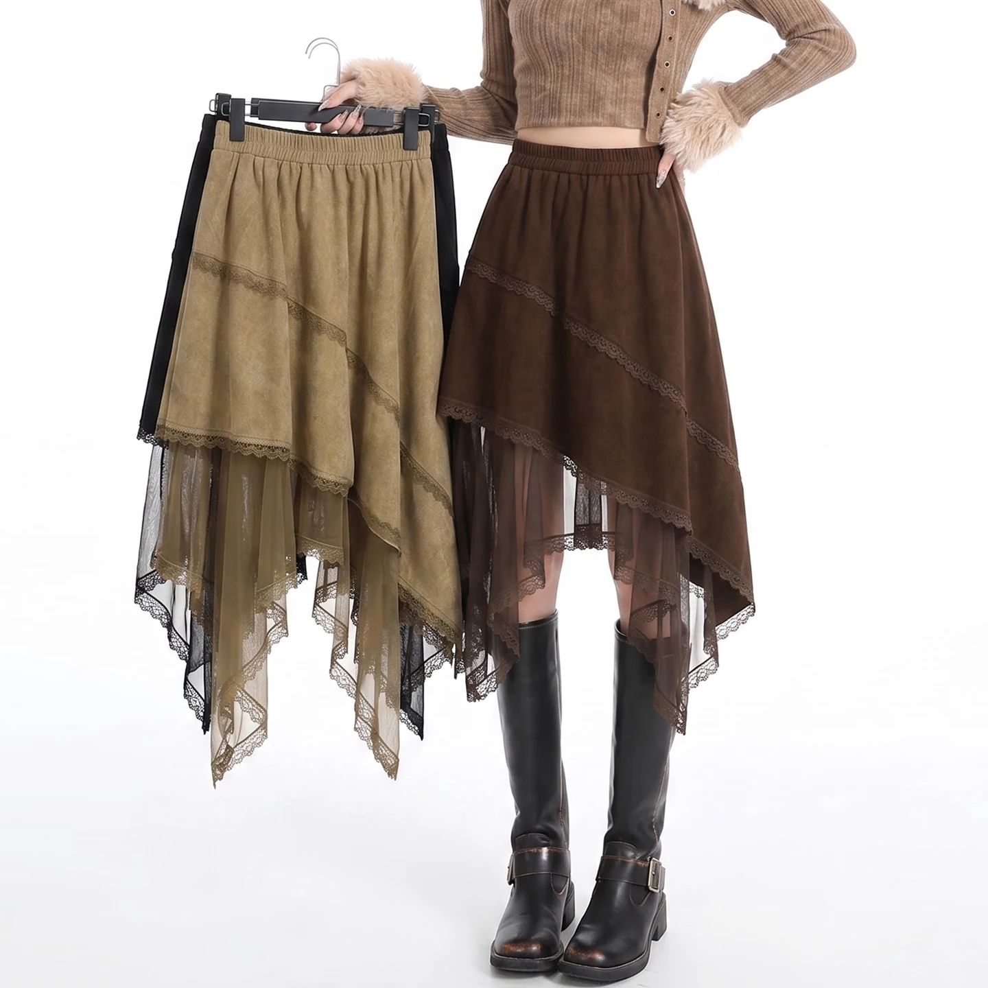 2026 Suede‑Effect Lace Trim Midi Women's Skirt Vintage Brown Tone Elastic Waist Irregular Hem Tulle A‑Line Casual Half Skirt