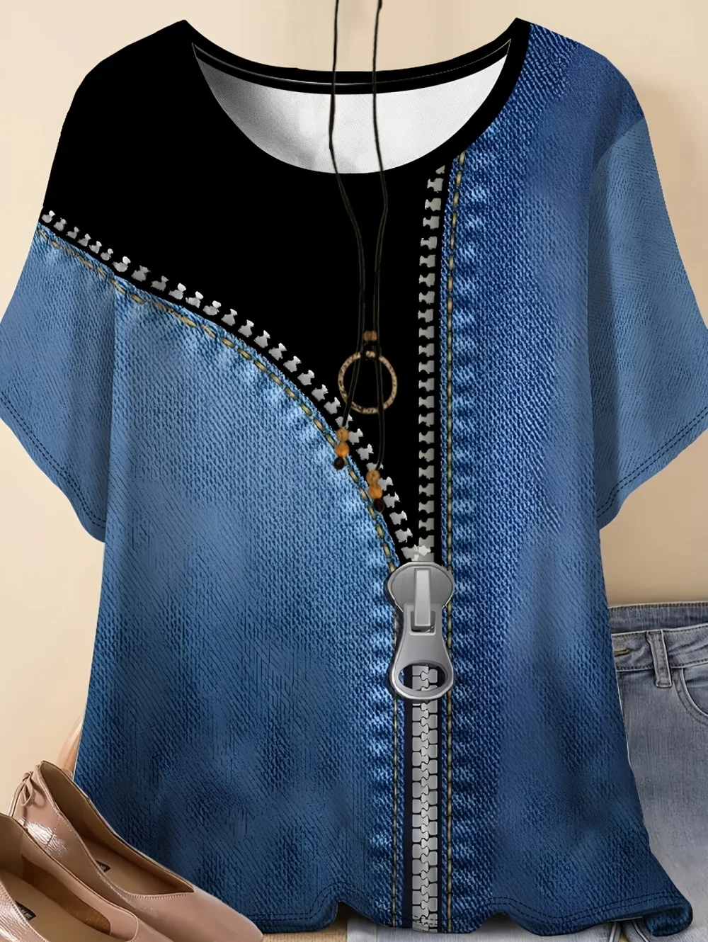 Damen-T-Shirt im Vintage-Stil mit Leopardenmuster und Denim-ähnlichem Print, O-Ausschnitt, Kurzarm, Lässiges Vintage-Oberteil in Übergrößen – Detail 8