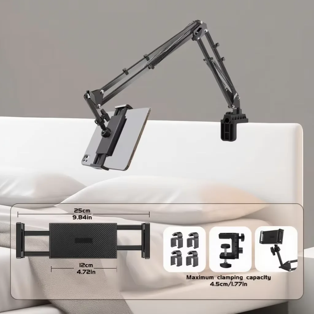 Adjustable Bed Tablet Holder Rotatable Long Arm Metal Desktop Tablet Bracket Mounts Clamp for 4.7-13
