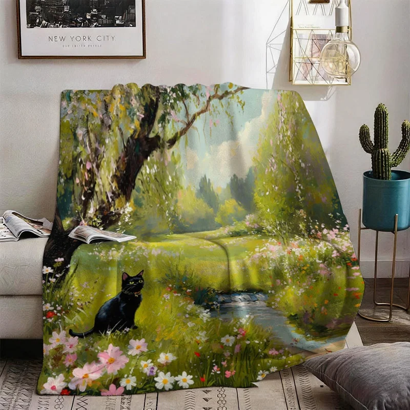 Enchanted Woodland Cottagecore Throw Blanket Boho Chic Decor Floral Spring Scene Black Cat Animals Artistic Giant Fleece Wrap