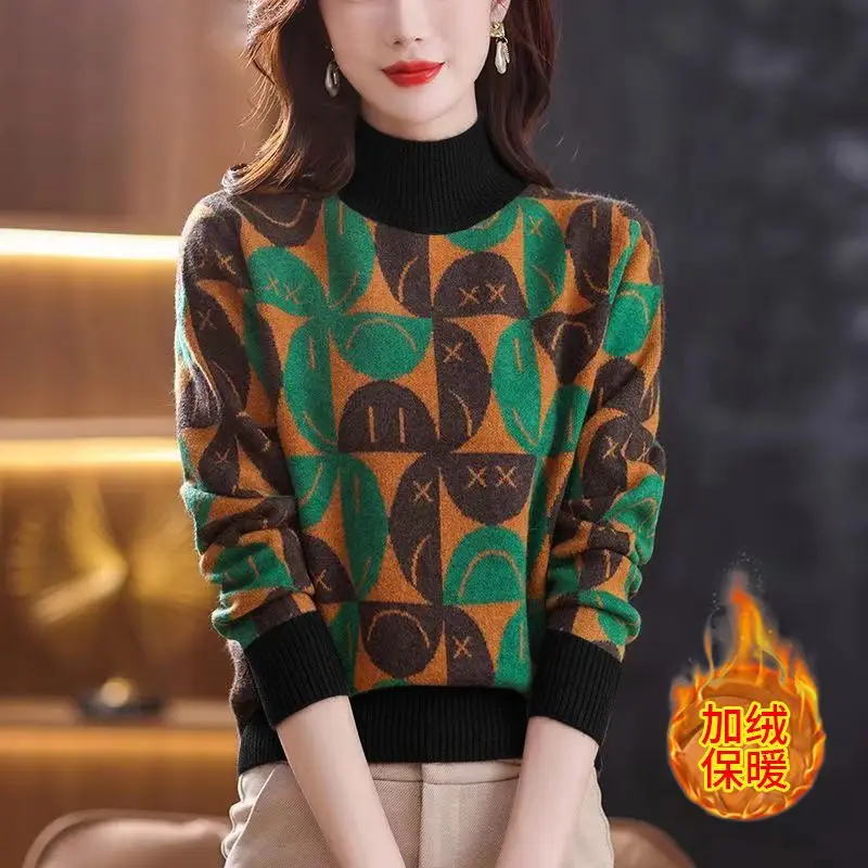 

Female Clothing Geometric Printed Patchwork T-shirt Autumn Winter Thick Stylish Warm All-match Loose Half High Collar Pullovers