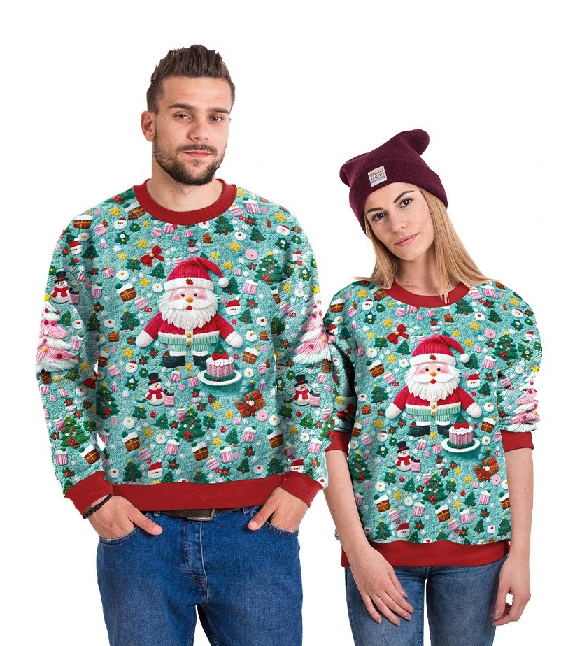

Men Women Couples Matching Crew Neck Full Print Santa Christmas Knit Look Long Sleeve Sweatshirt Multi Pattern Casual Pullover