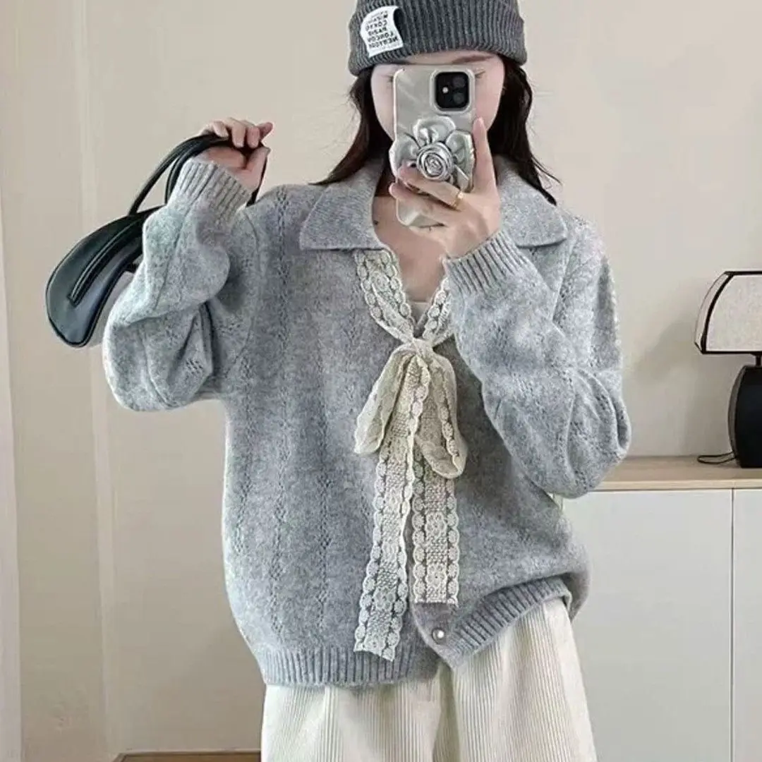 甘いスタイルのレースタイニットセーターコート2025新作秋長袖ラペルカーディガンセーターファッションルーズカーディガンジャケット