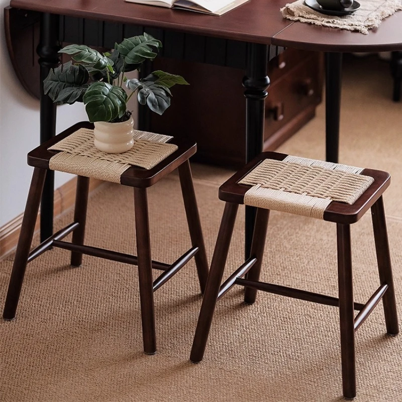 Nordic Hemp Rope Woven Square Stool Retro Low Tea Chair Stackable Solid Wood Shoe Bench I-Shape