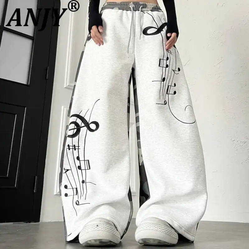 ANJY Spring Autumn New Women American Street Style Patchwork Camouflage Note Embroidered Sweatpants Wide-leg Casual Pants A23827
