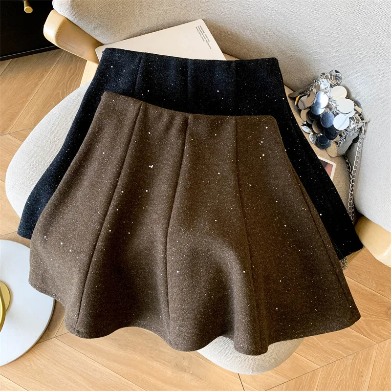 

Bright silk skirt for women's autumn and winter new item, black small fragrant woolen umbrella skirt, high waist A-line short sk