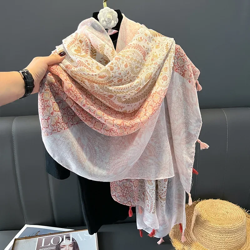 180*90cm New Silk Wool Embroidered Floral Scarf Women Double Layered Thin Large Shawl Solid Color Versatile Long Headband Scaves