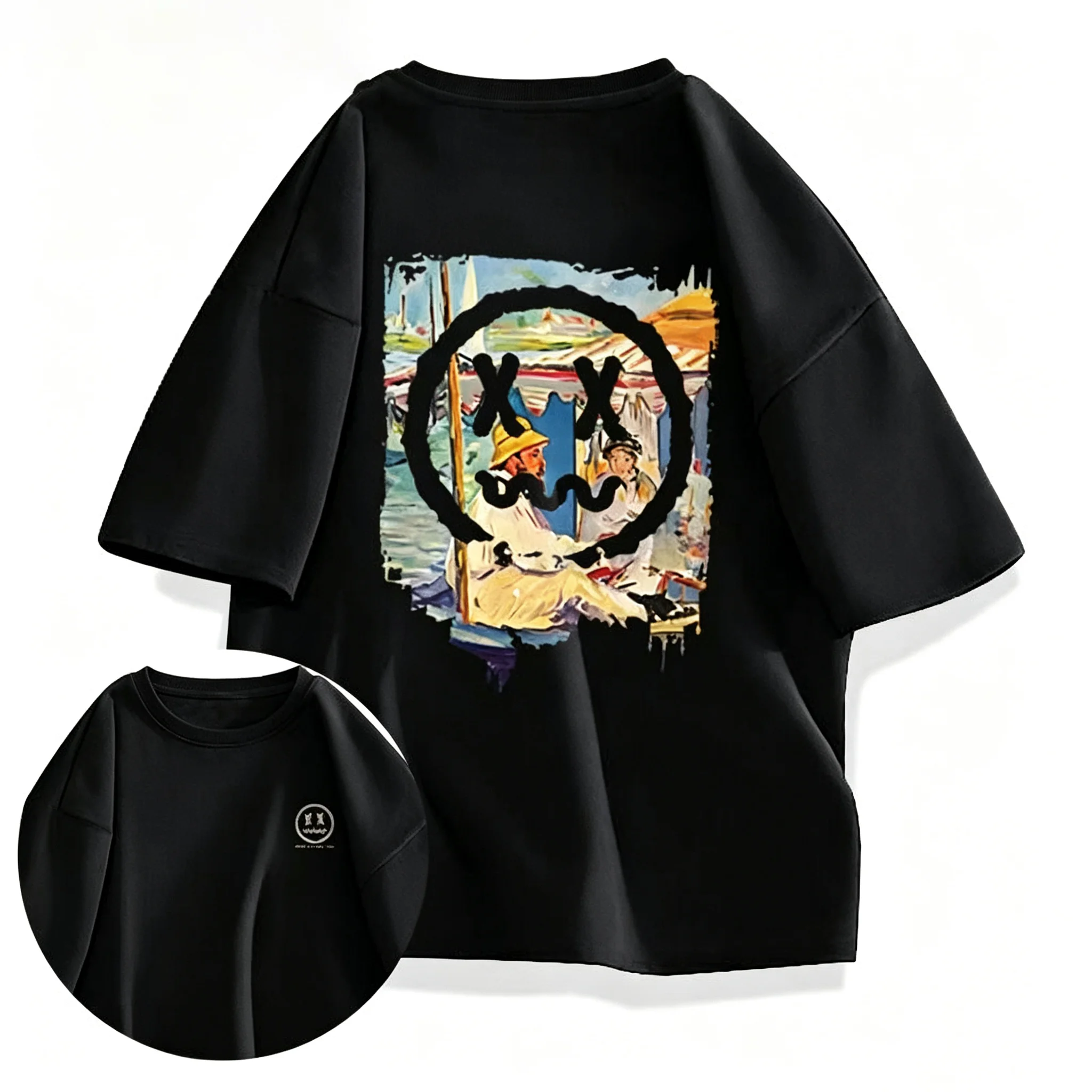 Latest men's casual T-shirt-Couple trendy funny expression pack pattern-Loose and breathable street round-neck pure cotton shirt