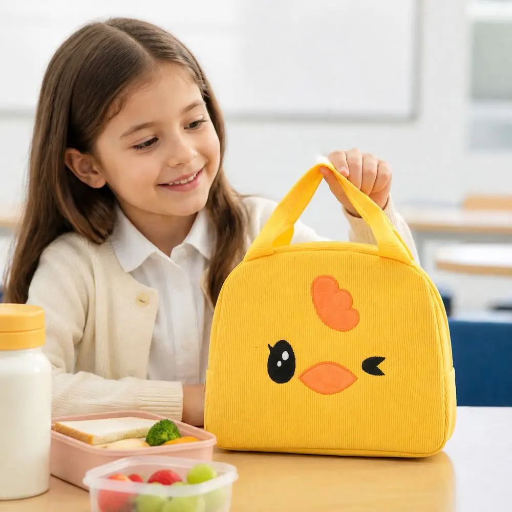 Cute Cartoon Insulated Lunch Bag Corduroy Carry Handle Thermal Lunch Box Portable Reusable Meal Pack School Lunches