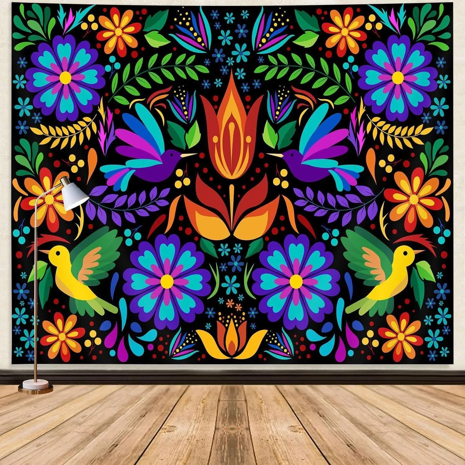 Bohemian Floral Tapestry Wall Hanging Boho Living Room Decor Wall Art Tropical Flower Pattern Maximalist Psychedelic Vibrant Aes